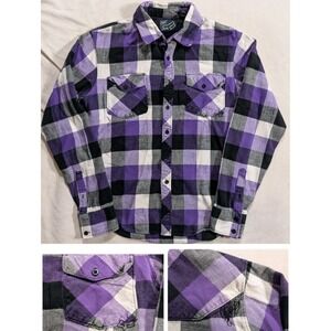 Fox Racing Flannel Shirt Men's Size M Plaid Purple Button Up Long Sleeve Y2K